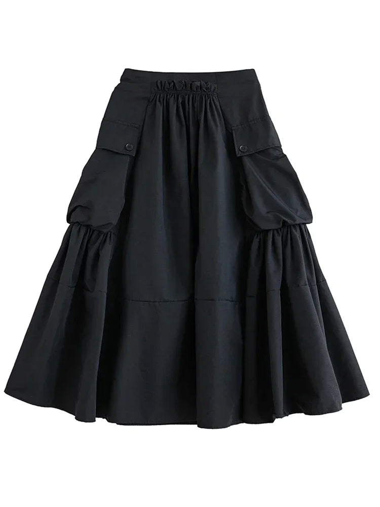 XITAO Personality Folds Patchwork Pocket Skirt Solid Color All-match Women Spring New Arrival Trend Street Wind Skirt LYD1228