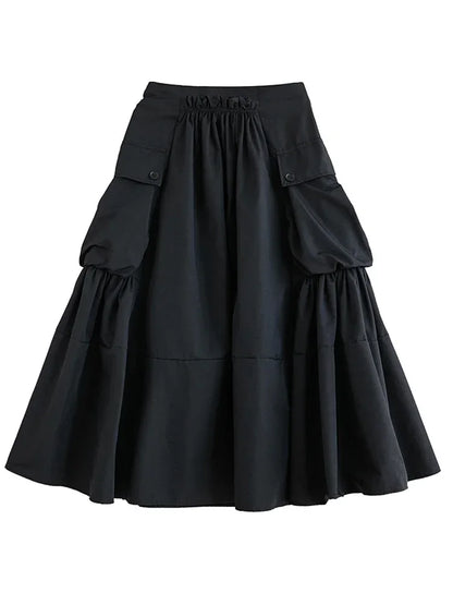 XITAO Personality Folds Patchwork Pocket Skirt Solid Color All-match Women Spring New Arrival Trend Street Wind Skirt LYD1228