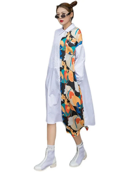 XITAO Tide Irregular Shirt Dress Print Pattern Women Clothes Spring New Fashion Turn Down Collar Long Sleeve Dresses ZY5940