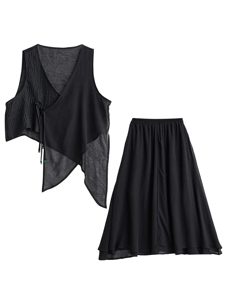 XITAO Chinese Style Chiffon Irregular Vest Loose Casual A-line Skirt Two Piece Set Fashion Patchwork Women New Set DMJ4141