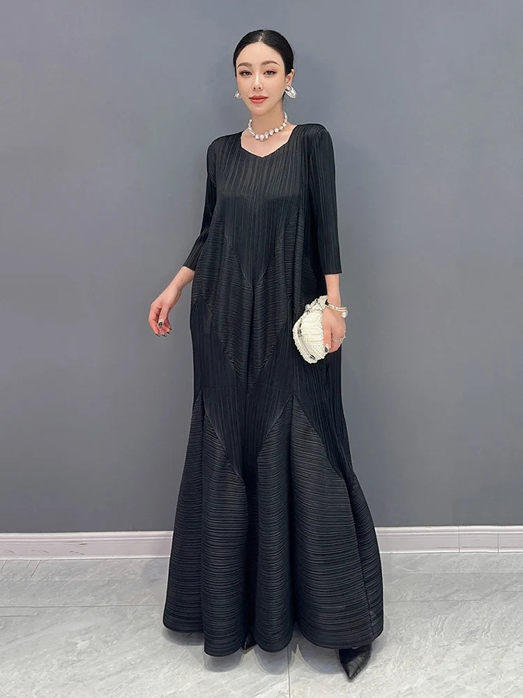 XITAO Irregular Folds Dress Solid Color Temperament Three Quarter Sleeve V-neck Collar Women Dress 2024 Summer New WLD20190