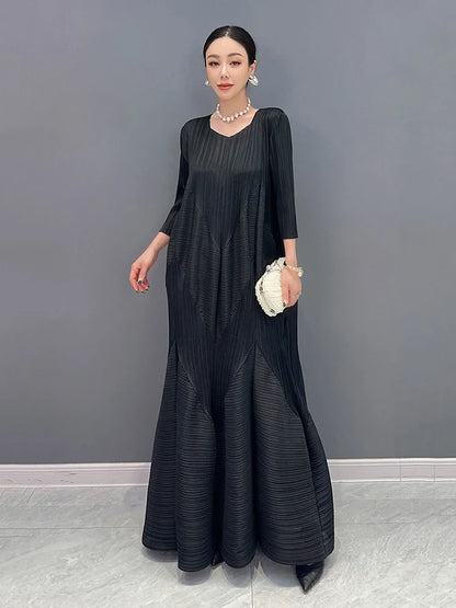 XITAO Irregular Folds Dress Solid Color Temperament Three Quarter Sleeve V-neck Collar Women Dress 2024 Summer New WLD20190