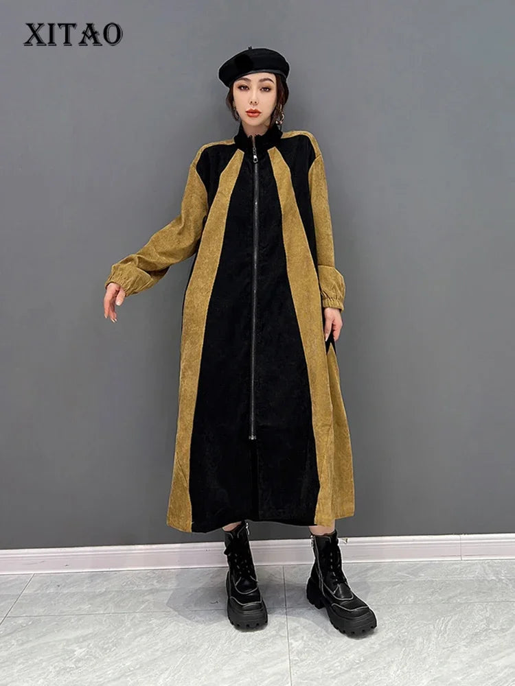 XITAO Contrast Color Casual Women Trench Loose Fashion Zipper Stand Collar Long Sleeve Spring All-match New Coat WLD13312