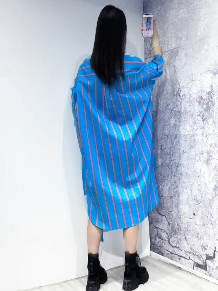 XITAO Contrast Color Striped Shirt Dress Fashion Bandage Splicing Loose Three Quarter Sleeve Casual New Trendy Dress WMD5205