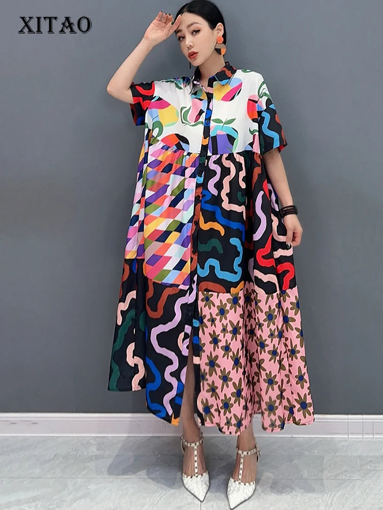 XITAO Print Short Sleeve Single Breasted Female A-line Dress Fashion Patchwork Loose Casual Summer Women New Dress ZY8807