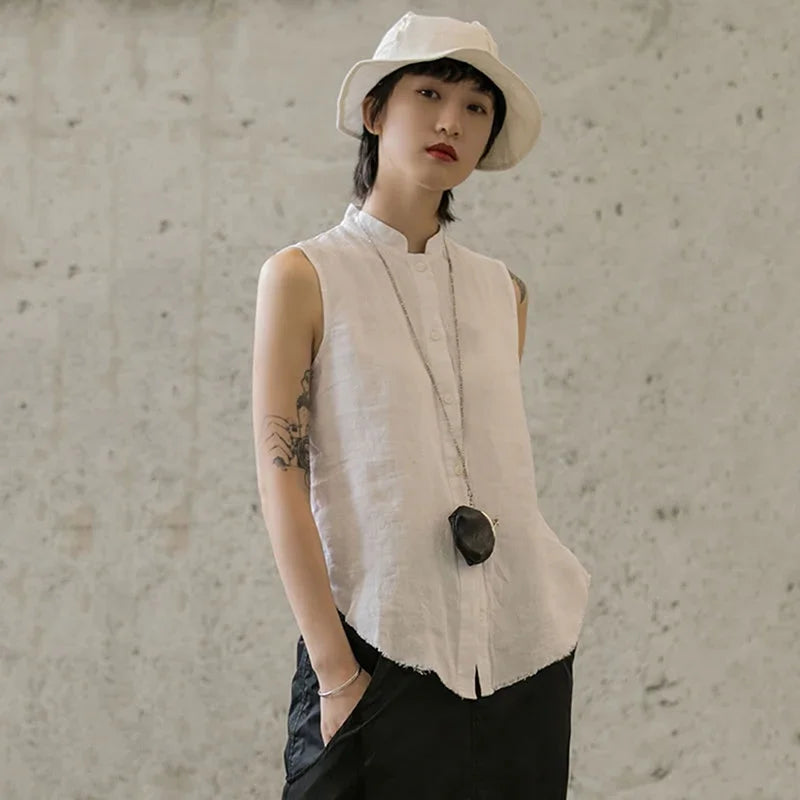 XITAO Slim Linen Stand Collar Sleeveless Blouse Women Temperament Shirt Single Breasted New Casual Loose Fashion  WLD2034