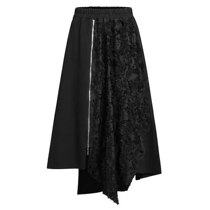 XITAO Irregular Zipper Patchwork Lace Elastic Waist Skirt Casual Loose Fitting A-line Mid-calf Solid Color Women Skirt GMM1224