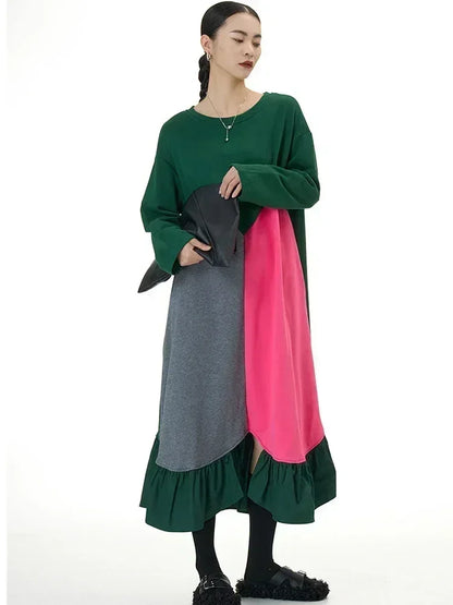 XITAO Loose Casual Dress Full Sleeve Asymmetrical Patchwork Fashion Contrast Color Women New All-match Dress DMJ2787