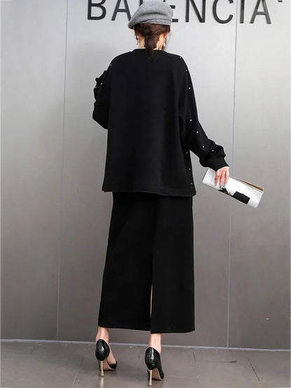 XITAO Loose Irregular O-neck Knitted Two-piece Set Solid Color Long Sleeve Top Women Casual Elastic Waist Simple Skirt GMM1295