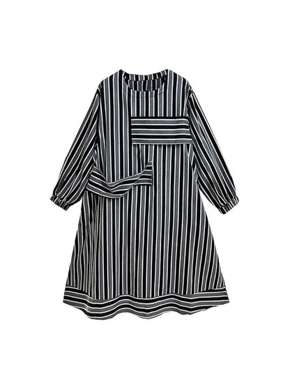 XITAO Contrast Color Women Long Sleeve Dress 2024 Autumn Casual O-neck Pullover Patchwork Loose A-line Striped Dress LJ1074