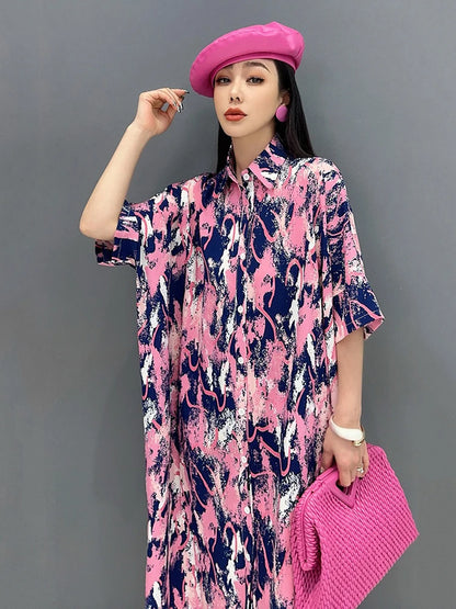 XITAO Print Turn-down Collar Single Breasted Dresses Short Sleeve Pocket Mid-calf Loose Shirt Dress 2024 Summer Casual ZY8754