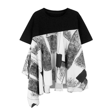 XITAO Print Patchwork Asymmetrical T-shirts O-neck Loose Short Sleeve Loose Slimming Casual Tops 2024 Summer New GJ1020