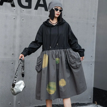 XITAO Loose Fashion Patchwork Female Dress Pullover Hooded Casual Pocket Fold Drawstring Waist Women Mid-calf Dress GYX1083