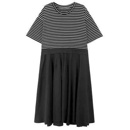 XITAO O-neck Striped Patchwork A-line Dress Drawstring Slimming Loose Casual Pullover Fashion Women New 2024 Dress DMJ4108