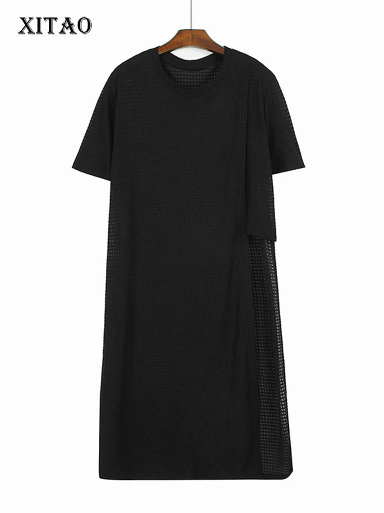 XITAO Asymmetrical Hollow Out T-shirt Dress Solid Color Loose Fashion Casual Women Summer New Long O-neck Dress 2024 LYD1888