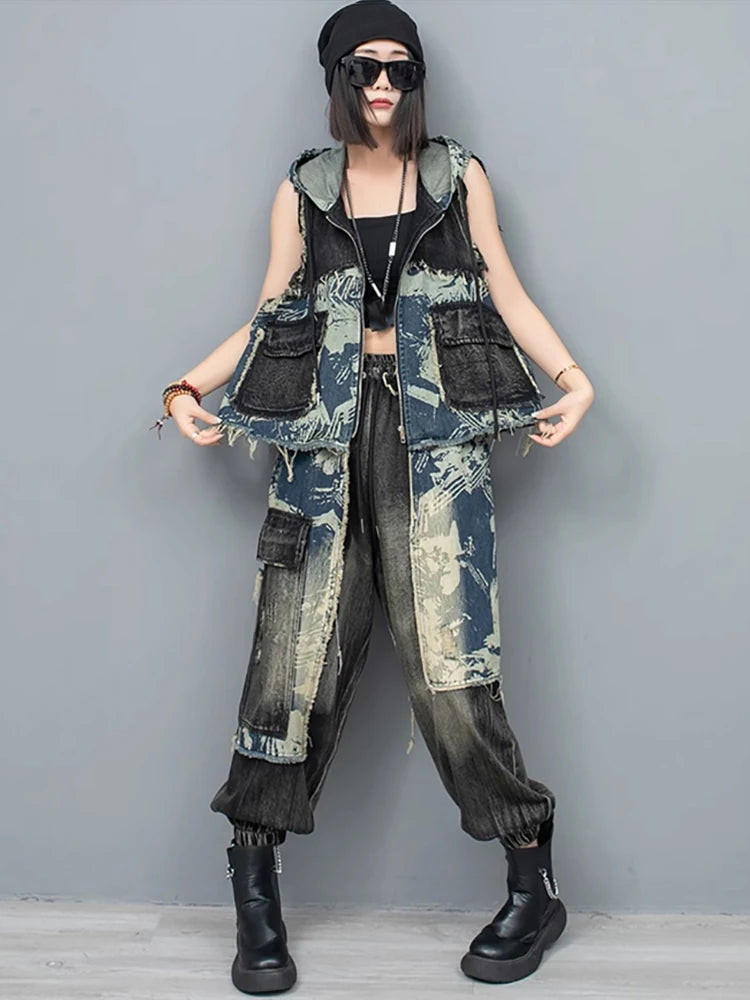 XITAO Personalized Fashion Pant Set New Print Patchwork Vintage Women Spring Hooded Vest Sleeveless Casual Loose Set DMJ4090