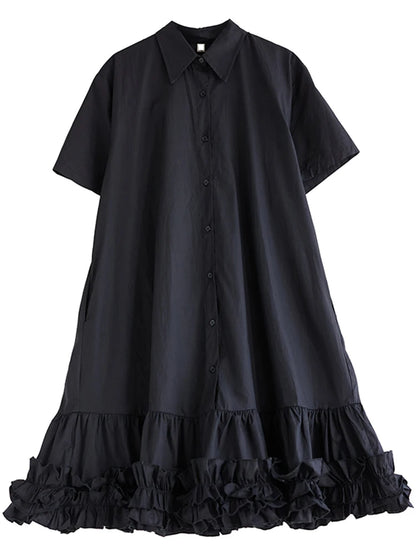 XITAO Casual Shirt Dress Black Simplicity Fashion Splicing Flounced Edge Hem Women Summer New Turn-down Collar Dress WLD20126