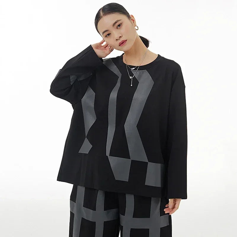 XITAO Print O-neck Casual T-shirt Fashion Contrast Color Loose All-match Slimming Winter Women New Street Trendy HQQ1988