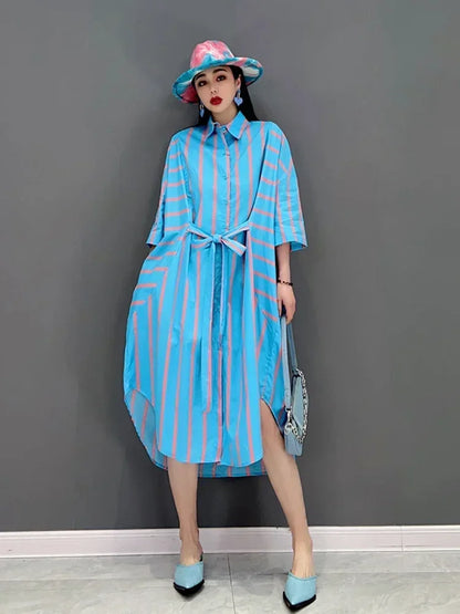 XITAO Contrast Color Striped Shirt Dress Fashion Bandage Splicing Loose Three Quarter Sleeve Casual New Trendy Dress WMD5205