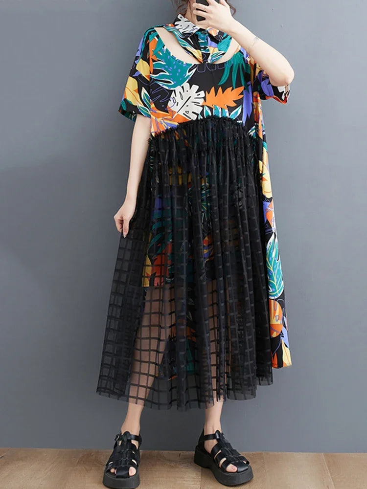 XITAO Patchwork Casual Dress Women Personality Fashion Loose Turn-down Collar Short Sleeve Dress Korea 2024 Summer New WLD11788