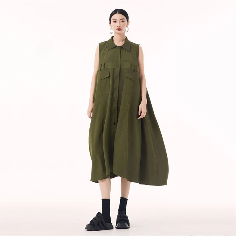 XITAO Sleevel Single Breasted Pocket Dress Mid-calf Turn-down Collar Female Fashion Solid Color Casual Slimming Dress GMM1360