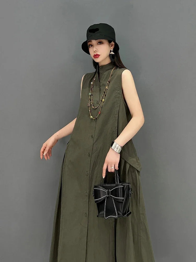 XITAO Folds Splicing Dress Loose Fashion Solid Color Casual Stand Collar Temperament Sleeveless Vest Dress Summer New WMD6465