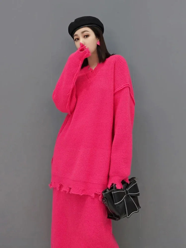 XITAO Fashion Destroy Knitting Dress Sets Solid Color V-neck Pullover Sweater Skirt Two Piece Set 2024 Spring Autumn GWJ2600