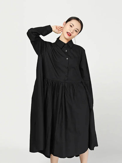 XITAO Pleated Midi Dress Women Korea Fashion New Spring Turn Down Collar Patchwork Elegant Minority Shirt Dress LJT4152