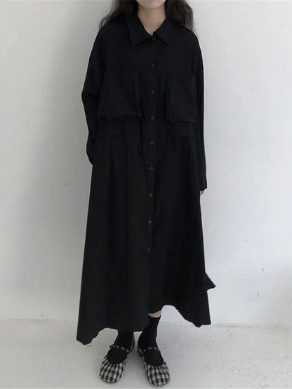 XITAO Black Dress Fashion New Women Single Breast  Pocket Full Sleeve Goddess Fan Casual Minority Loose Dress WMD2558