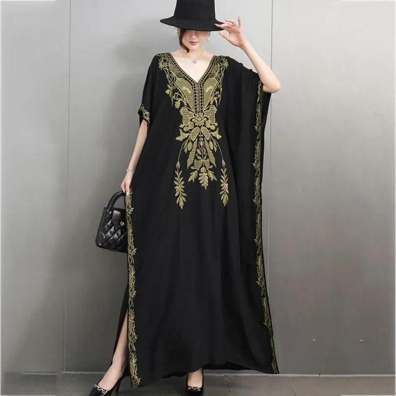 XITAO Printing Side Slit Casual V-neck Dress Casual Loose Fitting Ankle-length Fashion New Embroidery Summer Dress GMM1271