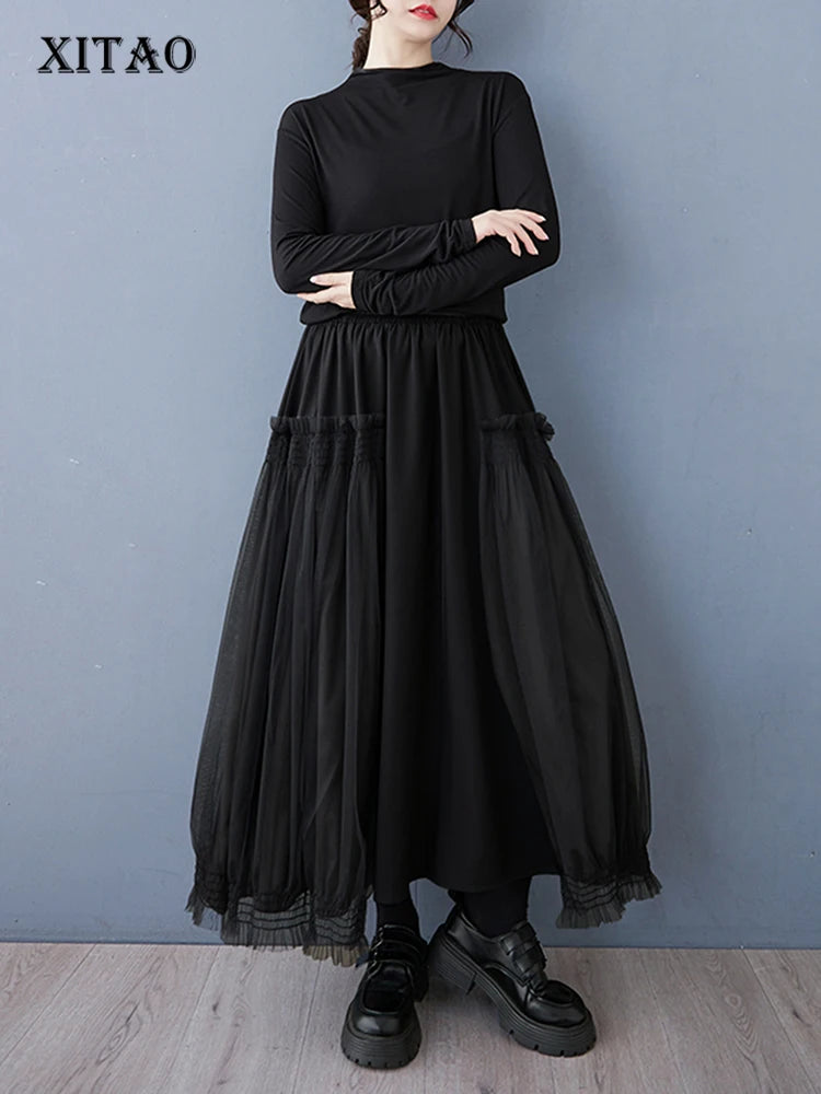 XITAO Gauze Patchwork Elastic Waist Skirt Loose All Match Mid-calf Casual Slimming Temperament Skirt Spring New GMM1251