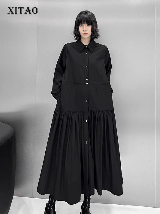 XITAO Shirring Pocket Patchwork Dress Solid Color Turn-down Collar Single Breasted Loose Slimming All Amtch Shirt Dress GMM1225