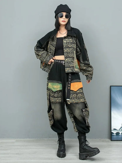 XITAO Contrast Color Patchwork Pocket Pant Sets Turn-down Collar Single Breasted Tops Elastic Waist Pants 2024 Autumn LJ1034