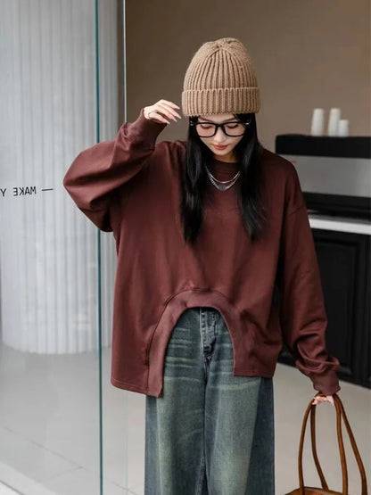 XITAO Asymmetrical Solid Color Sweatshirts O-neck Long Sleeve Pullover Loose Casual All Match Tops 2024 Autumn Fashion GYX1080