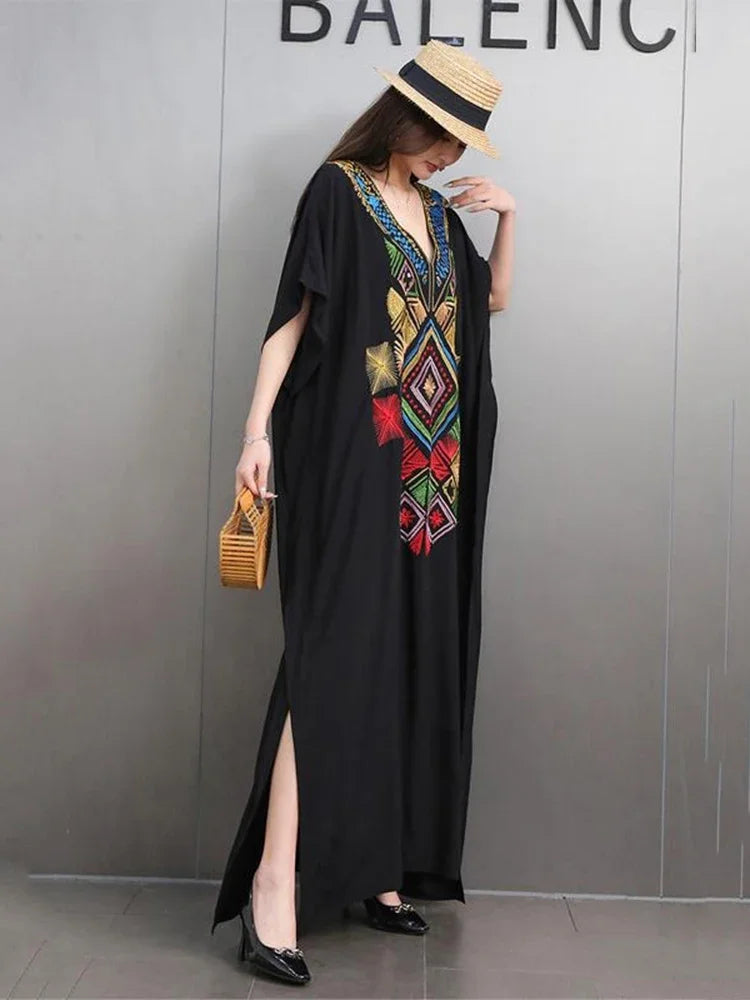 XITAO Embroidery Patchwork V-neck Side Split Dress Contrast Color Loose Ankle-Length Slimming Fashion All Match Casual GMM1240