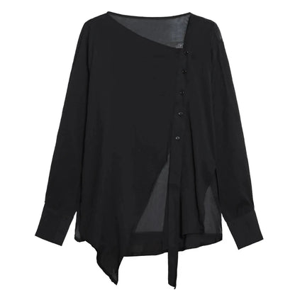 XITAO Irregular Solid T-shirt Asymmetrical Collar Full Sleeve Loose Simplicity All Match Casual Fashion Women New Top LYD1762