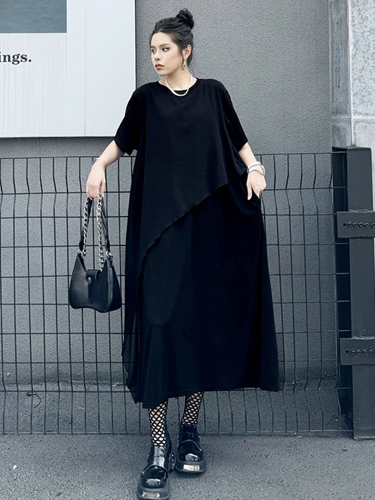 XITAO Black Casual Dress False Two Pieces Asymmetrical Patchwork T-shirt Dress Summer New Simplicity Women HQQ2357