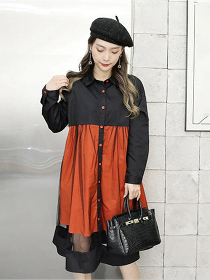 XITAO Patchwork Mesh Single Breasted Shirt Dress Loose Long Sleeve Spring New Arrival Casual Fashion All Match FBB1629