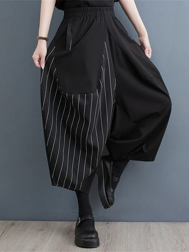 XITAO Striped Calf Length Pants Fashion Women Goddess Fan Casual Style Loose Elastic Waist Wide Leg Pants Summer WLD11631