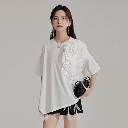 XITAO Three-dimensional Flower Short Sleeve T-Shirt Irregular Loose Pullover Fashion Round Neck Solid Color Women Top LYD1830