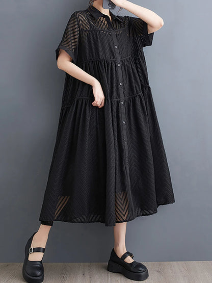 XITAO Black Hollow Splicing Dress Solid Color Turn Down Collar Short Sleeve Single Breasted Summer Women New Dress LYD1801