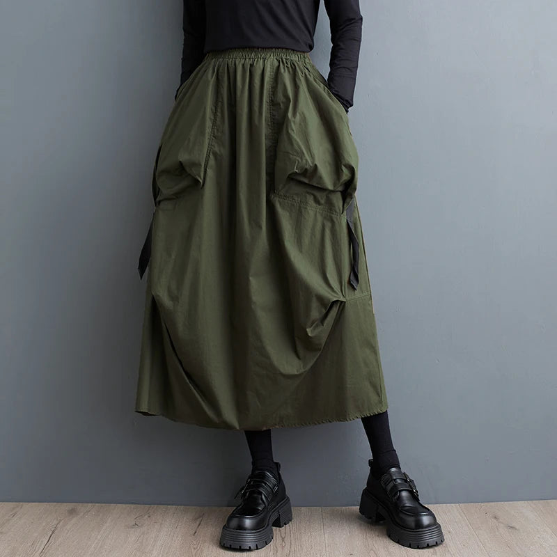 XITAO Fold Pocket Patchwork Skirts Solid Color Elastic Waist Loose Mid-calf All Match Slimming Skirts 2024 Autumn Fashion ZY8908