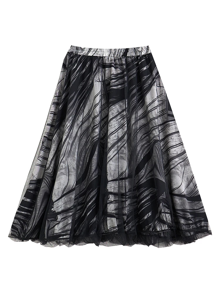 XITAO Loose Gauze Print Skirt Simplicity All-match Elastic Waist Women Autumn New Casual Temperament A-line Skirt HJF5084