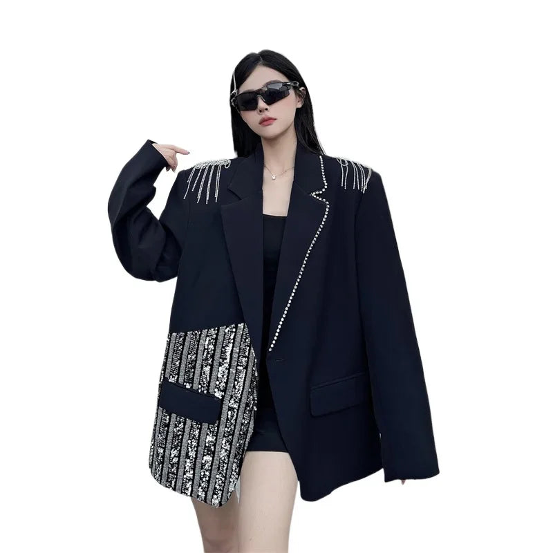 XITAO Fashion Solid Color Casual Single Button Coat Loose Fit Full Sleeve Sequined Black Series Autumn Female Blazer ZYY1048