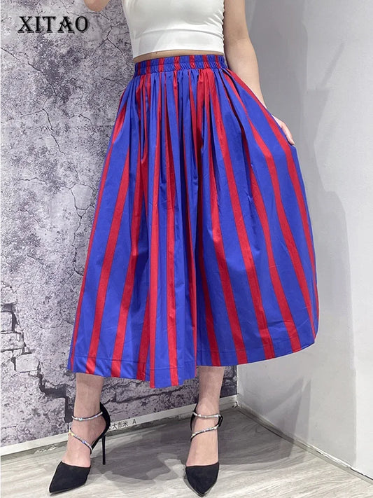 XITAO Casual Striped Skirt Loose Fashion Simplicity Summer New Temperament All-match Fashion Contrast Color Skirt ZY4491