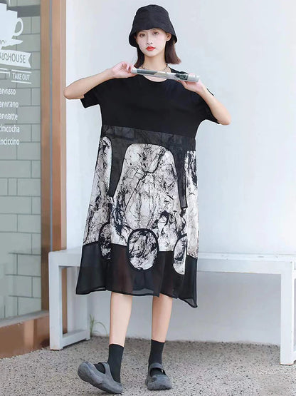 XITAO O-neck Patchwork Print Dress Temperament Elegant Goddess Style Women Summer New Simplicity Irregular Dress GJ1021