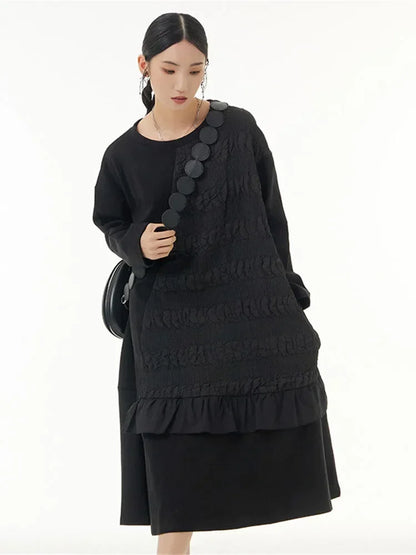 XITAO Pleated Hem Dress Fashion Pullover Black Small Fresh Patchwork Goddess Fan Casual Style Spring Loose Dress WLD8956