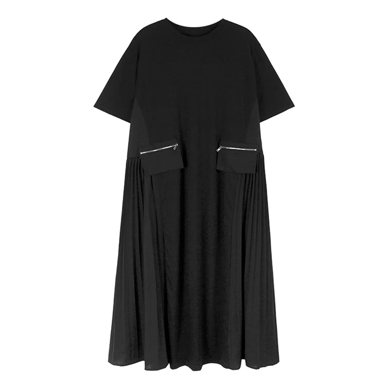 XITAO Casual Pleated Dress Patchwork Solid Color Pullover Zipper Korea Slim Spring Fashion Women New A-line Dress LYD1719