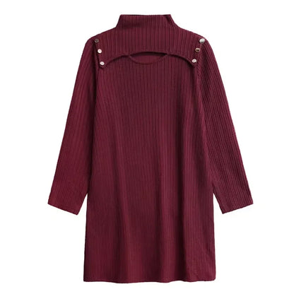 XITAO Hollow Out Casual A-line Patchwork Knitted Dress Solid Casual Knee-length Temperament Half High Collar Women Dress ZYY1084