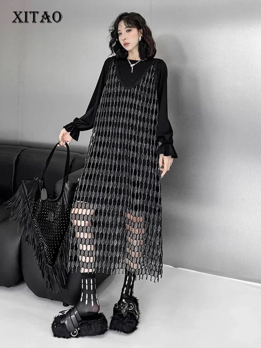 XITAO Gauze Hollow Out Patchwork Two Dresses Solid Color O-neck Long Sleeve Inside Sleeveless Vest Dress 2024 Autumn New HQQ2406